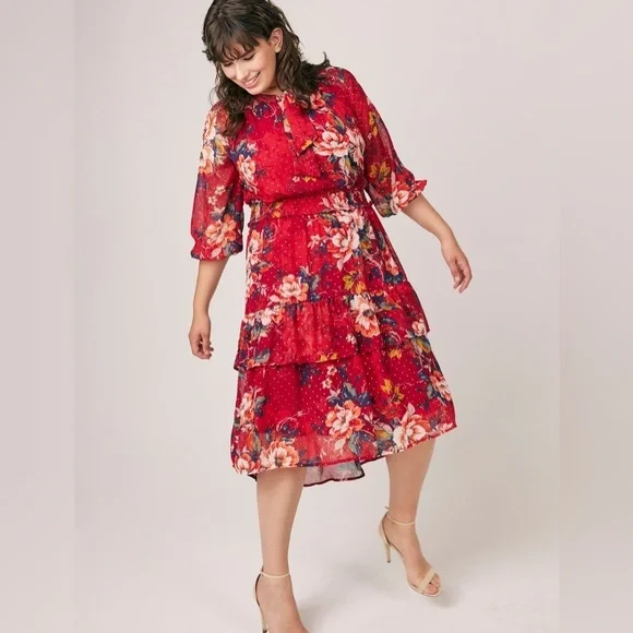 FIGUEROA & FLOWER Floral Print Red Midi Dress Size 2X NWT - Picture 1 of 16